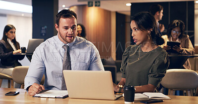 Buy stock photo Businessman, woman and laptop with discussion for review, notes and insight at corporate law firm. People, attorney and consultant with computer, team and collaboration with report  at legal agency