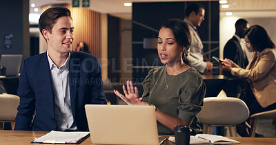 Buy stock photo Business people, laptop or night with idea for project suggestion or schedule deadline in office. Businessman, woman or working late with computer or proposal for team agenda or tasks in workplace