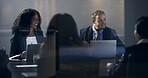 Happy, team and laptop with meeting in boardroom for financial review, monthly feedback or update. Board of directors, people or discussion in office for company performance, goal setting or planning