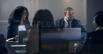 Buy stock photo Happy, team and laptop with meeting in boardroom for financial review, monthly feedback or update. Board of directors, people or discussion in office for company performance, goal setting or planning