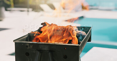 Buy stock photo Bbq, flame and charcoal with grill outdoor of home for celebration, weekend break and fourth of july. Independence  day, barbecue and roast with fire on patio of house for summer vacation and cooking