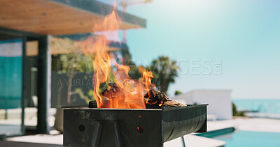 Buy stock photo Bbq, flame and cookout with grill outdoor of home for celebration, weekend break and fourth of july. Independence  day, barbecue and roast with fire on patio of house for summer vacation and cooking