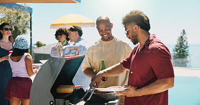 Buy stock photo Help, cooking and barbecue with friends outdoor for celebration, summer vacation or lunch. Party, bonding and cookout with group of people on patio of home for social event, reunion and bbq together