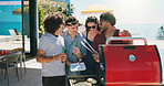 Happy, cooking and barbecue with friends outdoor for celebration, summer vacation or lunch. Party, bonding and cookout with group of people on patio of home for social event, reunion and bbq together
