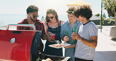Buy stock photo Hotdog cooking and barbecue with friends outdoor for celebration, summer vacation or lunch. Party, bonding and cookout with group of people on patio of home for social event, reunion and bbq together