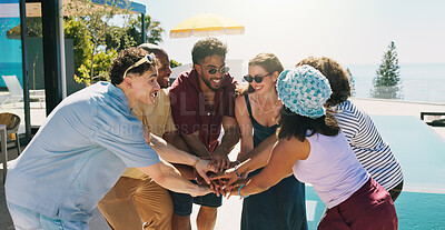 Buy stock photo Swimming pool, hands stack and people with vacation celebration for reunion and social gathering. Outdoor, men and women with summer holiday, friends and gesture for excitement and tropical island 