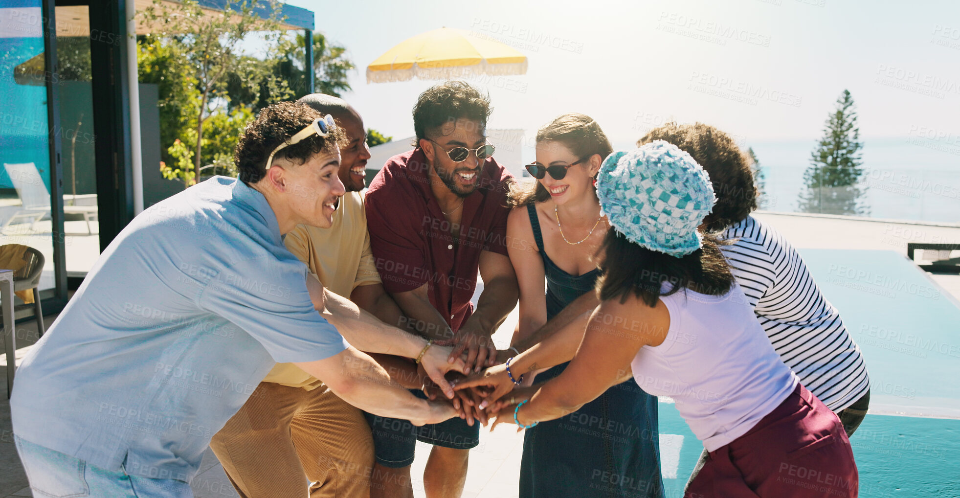 Buy stock photo Swimming pool, hands stack and people with vacation celebration for reunion and social gathering. Outdoor, men and women with summer holiday, friends and gesture for excitement and tropical island 