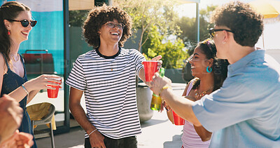 Buy stock photo Party, friends and drinks cheers in backyard for reunion celebration, social gathering or bonding. Summer, people or alcohol toast at outdoor event for friendship appreciation or weekend fun at house