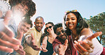 Outdoor, low angle and people with vacation, selfie and bonding together for reunion. Party, men or women with memory, capture moment or profile picture with summer holiday, break or social gathering