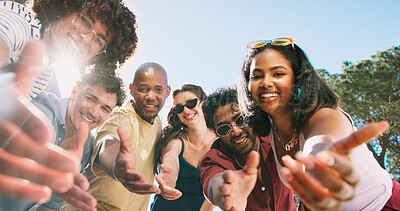 Buy stock photo Outdoor, low angle and people with vacation, photograph or friends with reunion, flare or portrait. Party, men or women with memory, break or profile picture with summer holiday or social gathering