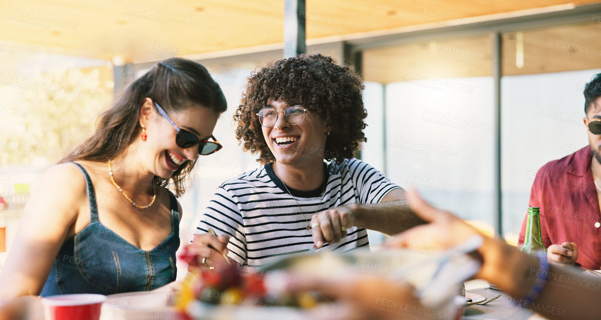 Buy stock photo Laughing, bbq and relax with friends outdoor for social reunion, lunch and summer vacation. Funny, party and barbecue cookout with group of people eating food in backyard of home for holiday
