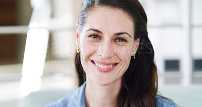 Buy stock photo Home, portrait and woman in lounge, smile and comfort for weekend break, lodge and condo. Apartment, confidence and mature person in living room, relax and happiness for holiday and accommodation