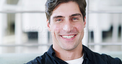Buy stock photo Portrait, confidence or business man in office with smile, journalism career or news investigation. Professional, journalist or pride for truth discovery in newsroom, exposure story or reporting
