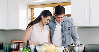 Buy stock photo Home, cooking and couple in kitchen, support and bonding together for relationship, recipe or vegan dinner. Help, diet plan and man with woman, discussion or prepare meal for nutrition or ingredients