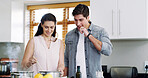 Smile, cooking and couple in kitchen, love and bonding together for relationship, recipe and diet plan. Home, organic ingredients and man with woman, happiness and prepare meal for nutrition and help