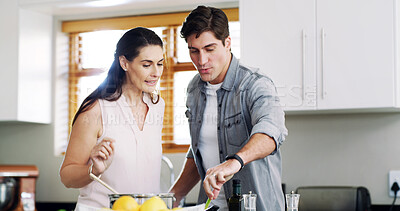 Buy stock photo Vegetables, cooking and help with couple in kitchen for nutrition, bonding and healthy food. Love, support and marriage with man and woman in home for meal prep, dinner and wellness together
