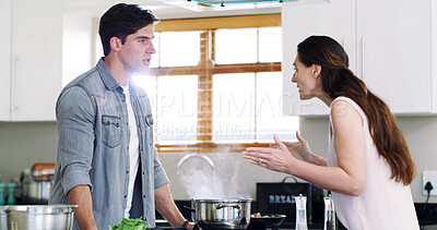 Buy stock photo Shout, angry and couple in kitchen with conflict for relationship issue, fight and mistake. Argue, home and man with woman in frustrated conversation for disagreement, marriage problem and breakup