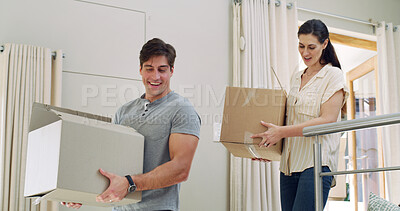 Buy stock photo Couple, real estate and boxes for new home, talking and bonding together for property investment. Rental apartment, man and woman in lounge, cardboard and mortgage for goals, success and commitment