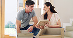 Couple, photo frame and unpacking for new home, talking and property investment for goals. Rental apartment, man and woman in lounge, cardboard and real estate purchase with mortgage loan and picture