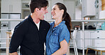 Home, couple and dancing in lounge, funny and bonding together for love, excited and marriage. Apartment, man and woman in living room, smile and movement for celebration, laughing and relationship