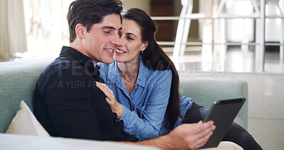 Buy stock photo Home, talking and happy couple on sofa, tablet for social media and digital app for communication. Discussion, man and woman on couch, relax and internet for online chatting, marriage or website info