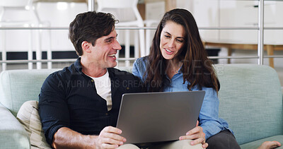 Buy stock photo Home, laptop and happy couple on sofa, relax and watching online movies to connect together. Apartment, man and woman on couch, computer and research for comedy, talking and laughing in living room