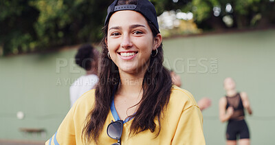 Buy stock photo Portrait, smile and girl outdoor for travel, vacation and holiday with cool style at park. Gen z, happiness and teenager in nature for tourism, adventure and weekend trip with cap for fashion