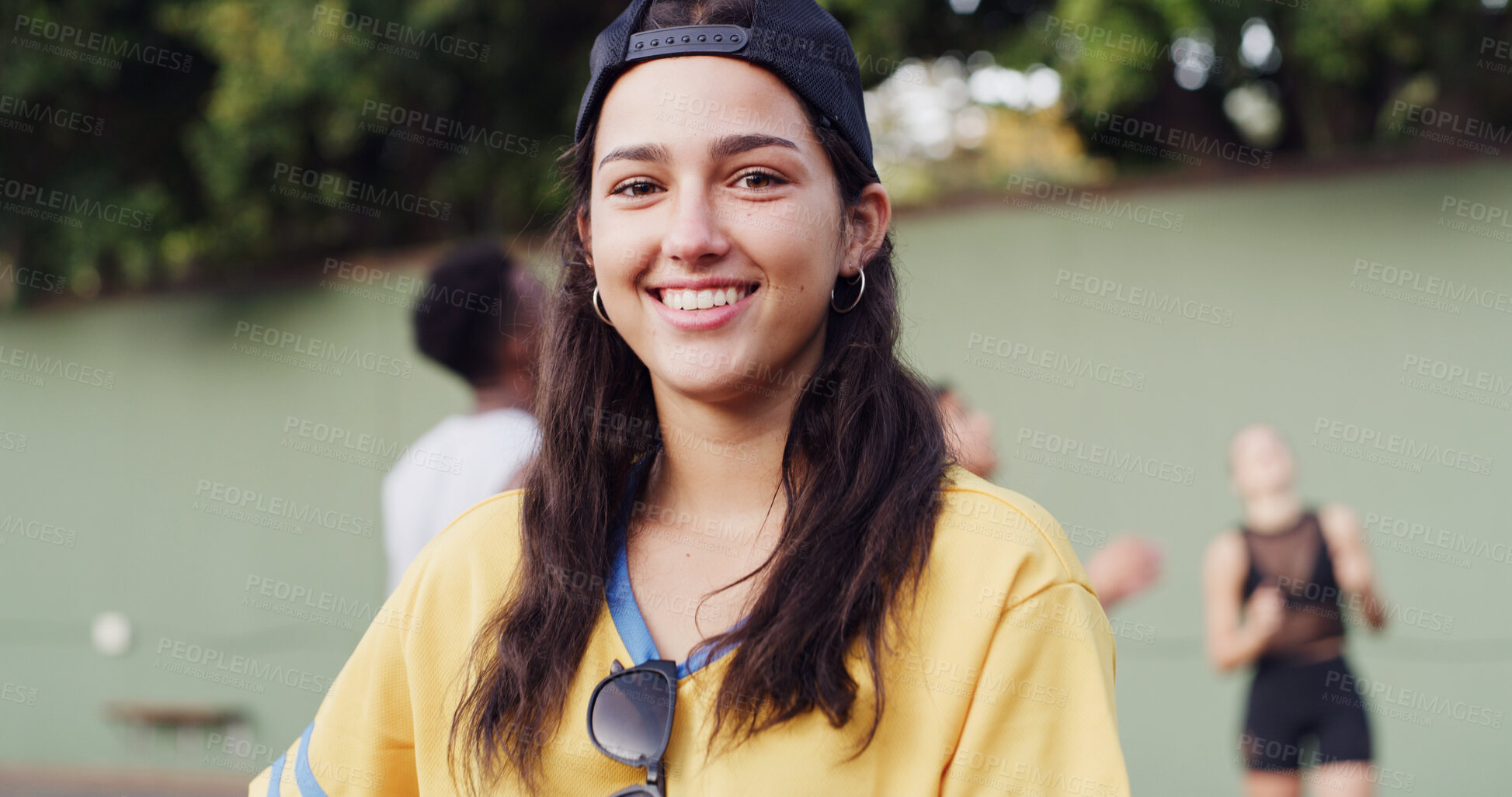 Buy stock photo Portrait, smile and girl outdoor for travel, vacation and holiday with cool style at park. Gen z, happiness and teenager in nature for tourism, adventure and weekend trip with cap for fashion