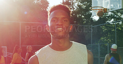 Buy stock photo Confidence, portrait or man on basketball court with smile, fitness hobby or practice in weekend match. Pride, happy or player with flare, hoop sport and training session with athletic competition.