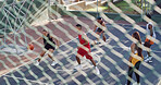 Basketball court, team and fitness with friends, fence and practice for competition, above and game. Outdoor, athlete and training for match, people and cardio for sport tournament or challenge