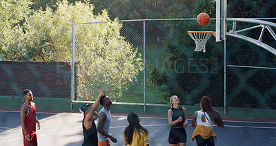 Buy stock photo People, outdoor and shooting on basketball court with practice, workout and training for competition. Team, play sport and fitness game with hoop, score point and exercise together for tournament.