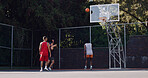 Men, fitness and shooting on basketball court with practice, hit backboard and training for tournament. People, play sport and game outdoor with hoop, target fail and exercise together for contest.