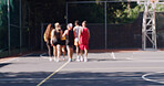 Back, team and outdoor on basketball court with practice, start workout or training for competition. Blur, people and begin exercise with sports fitness, getting match ready or prepare for tournament