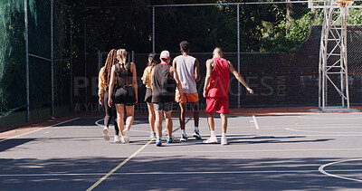 Buy stock photo Back, friends and walking on basketball court with practice, start workout and training for wellness. People, begin exercise and sports game with fitness, recreation club or bonding together outdoor.