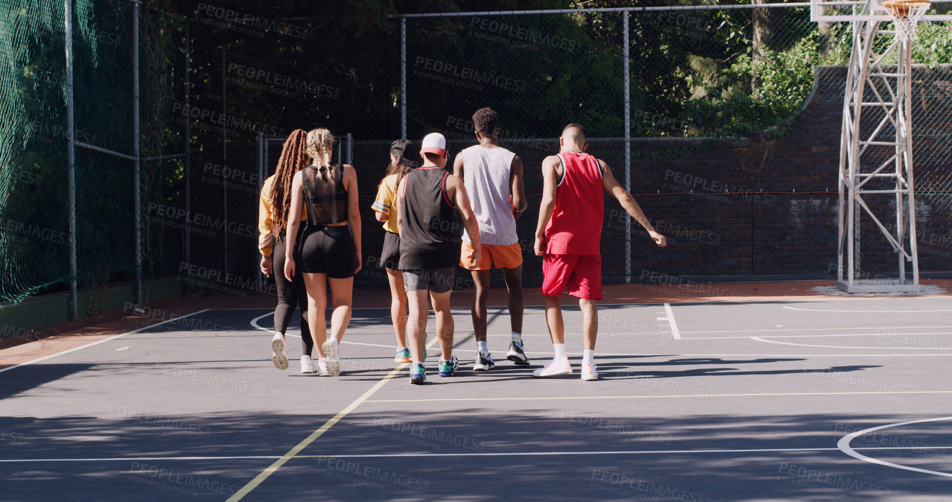 Buy stock photo Back, friends and walking on basketball court with practice, start workout and training for wellness. People, begin exercise and sports game with fitness, recreation club or bonding together outdoor.