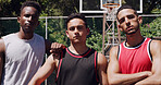 Serious, portrait or men on basketball court with confidence, fitness hobby or team in weekend match. Pride, collaboration or people with activity, hoop competition or training support in New York.