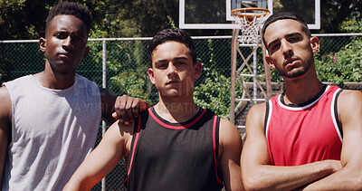 Buy stock photo Serious, portrait or men on basketball court with confidence, fitness hobby or team in weekend match. Pride, collaboration or people with activity, hoop competition or training support in New York.
