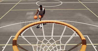 Buy stock photo Fitness, basketball and man on outdoor court for training, match or workout with hoop for dunk. Sports, athlete and male person with energy for practice, game or exercise with cardio for competition.