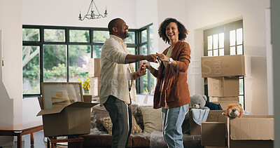 Buy stock photo Happy, dancing and mature couple in new home with boxes for moving, bonding and fun together. Smile, marriage and man with woman for groove with celebration of property investment in apartment.