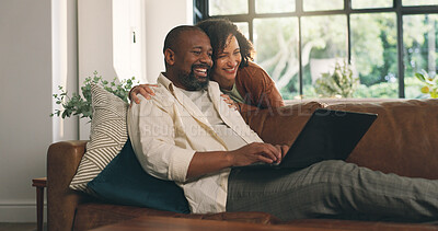 Buy stock photo Mature couple, hug and laptop in home with good news, smile and email for life insurance cashback. Happy, married black people and embrace in apartment with computer, policy savings and tax return.