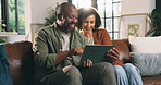 Mature couple, smile and tablet in house with social media video, online entertainment and bonding. Happy, black people and digital tech in home with marriage, browsing internet and relax on weekend.