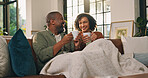 Relax, coffee cup or couple with smile on sofa, funny conversation or partner joke for weekend bonding. Love, laugh and mature African people with tea to chill, comfortable and chat together in home