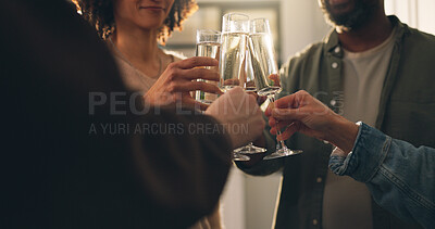 Buy stock photo Creative team, toast or people in office, champagne for celebration or approval for project funding. Group, cooperation or employees in workplace, cheers or alcohol for design success or achievement
