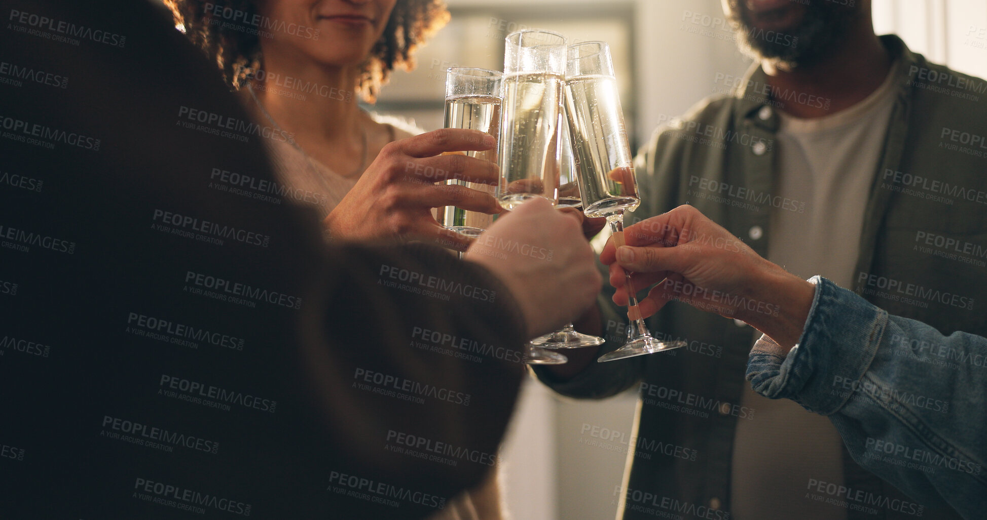 Buy stock photo Creative team, toast or people in office, champagne for celebration or approval for project funding. Group, cooperation or employees in workplace, cheers or alcohol for design success or achievement