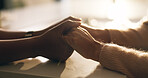 Holding hands, love and support with couple in home for empathy, connection and trust. Marriage commitment, kindness and loyalty with man and woman in apartment for solidarity and compassion