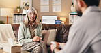 Mature woman, therapist or patient with counseling for support, understanding or therapy session. Female person, client and listening with advice for mental health, help or rehabilitation in practice