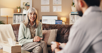 Buy stock photo Mature woman, therapist or patient with counseling for support, understanding or therapy session. Female person, client and listening with advice for mental health, help or rehabilitation in practice