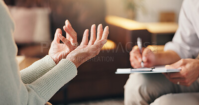 Buy stock photo Hands, person and talk with therapist in office for counseling, mental health and psychology. Patient, explain and psychologist with clipboard for assessment, evaluation checklist and progress report