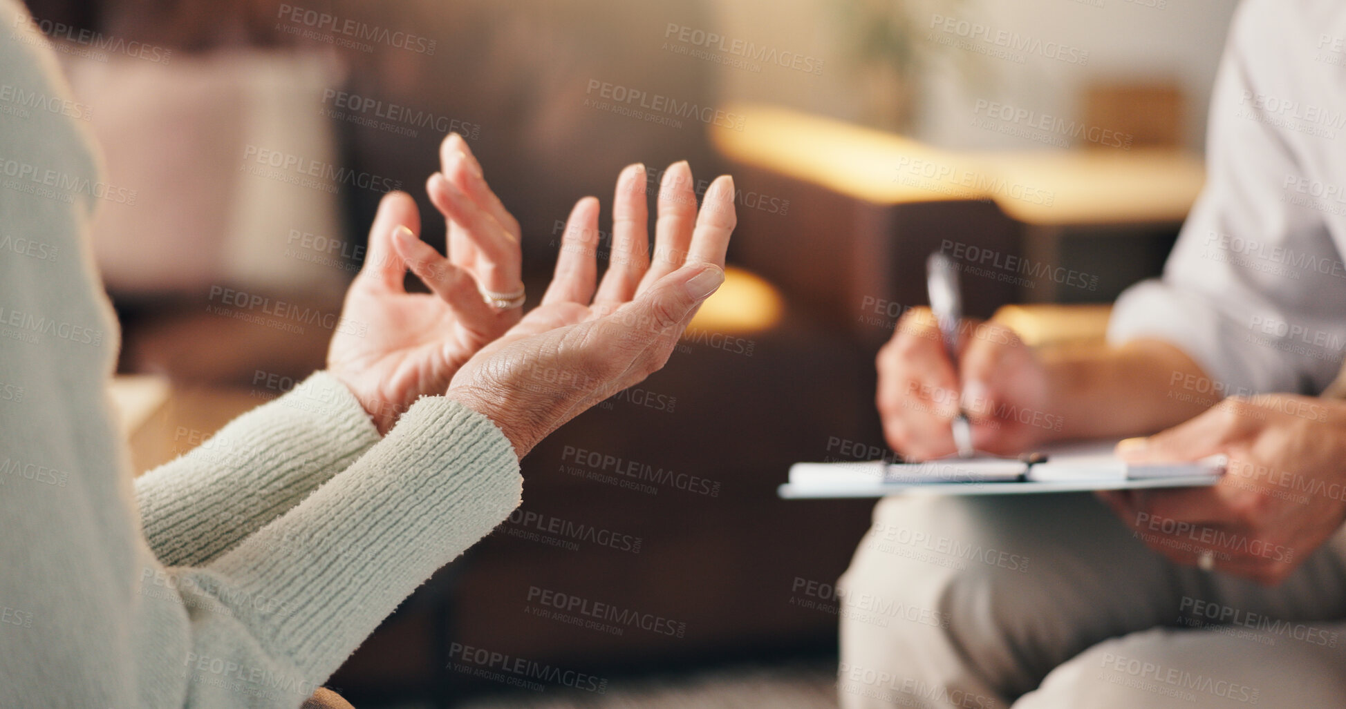 Buy stock photo Hands, person and talk with therapist in office for counseling, mental health and psychology. Patient, explain and psychologist with clipboard for assessment, evaluation checklist and progress report