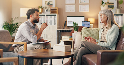 Buy stock photo Senior woman, therapist and clipboard for counseling, mental health and past trauma. Elderly person, talking and therapy session with emotional support, evaluation checklist and rehabilitation advice